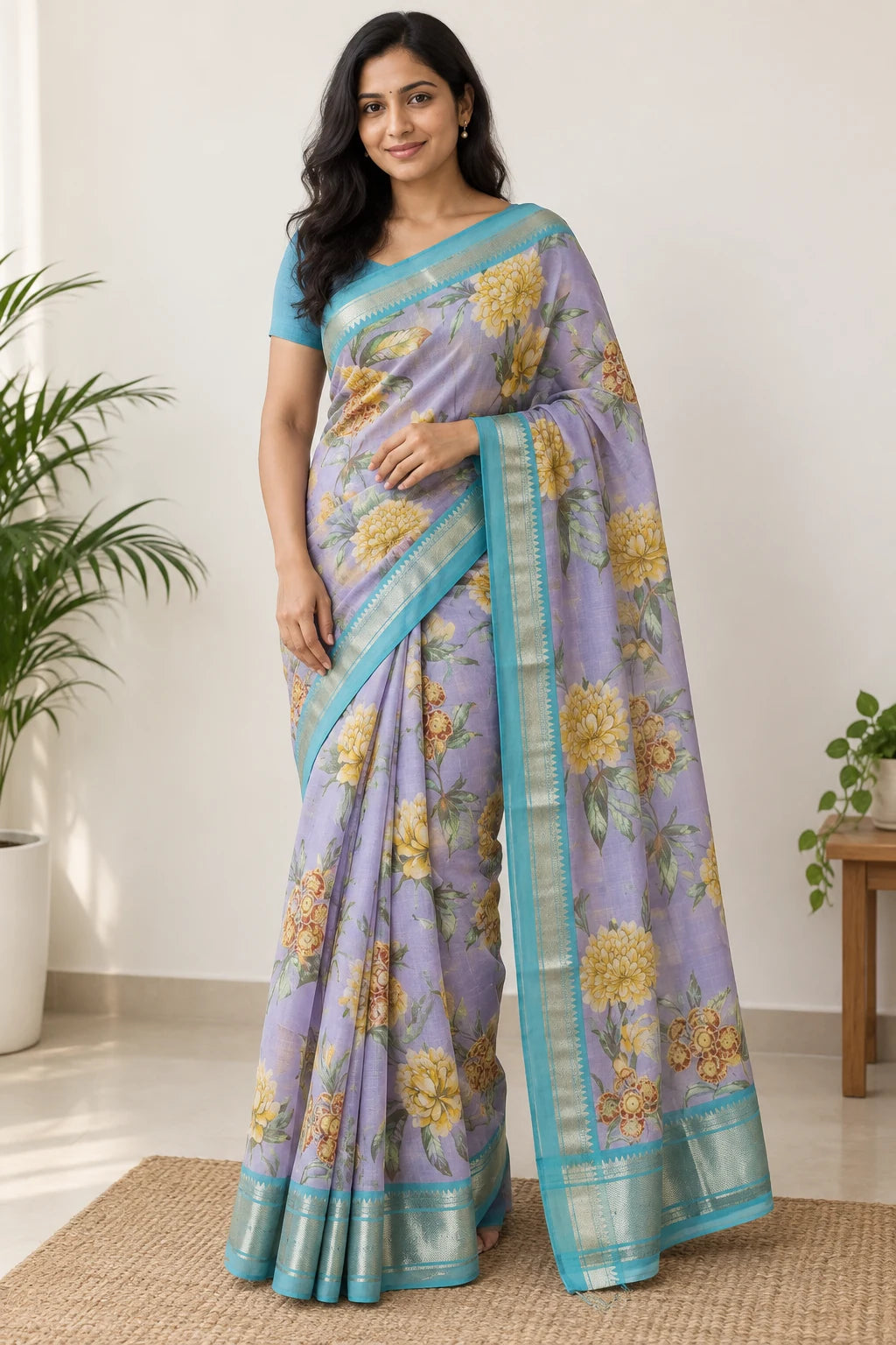 Avni — Lilac Botanical Saree, styled drape on a model