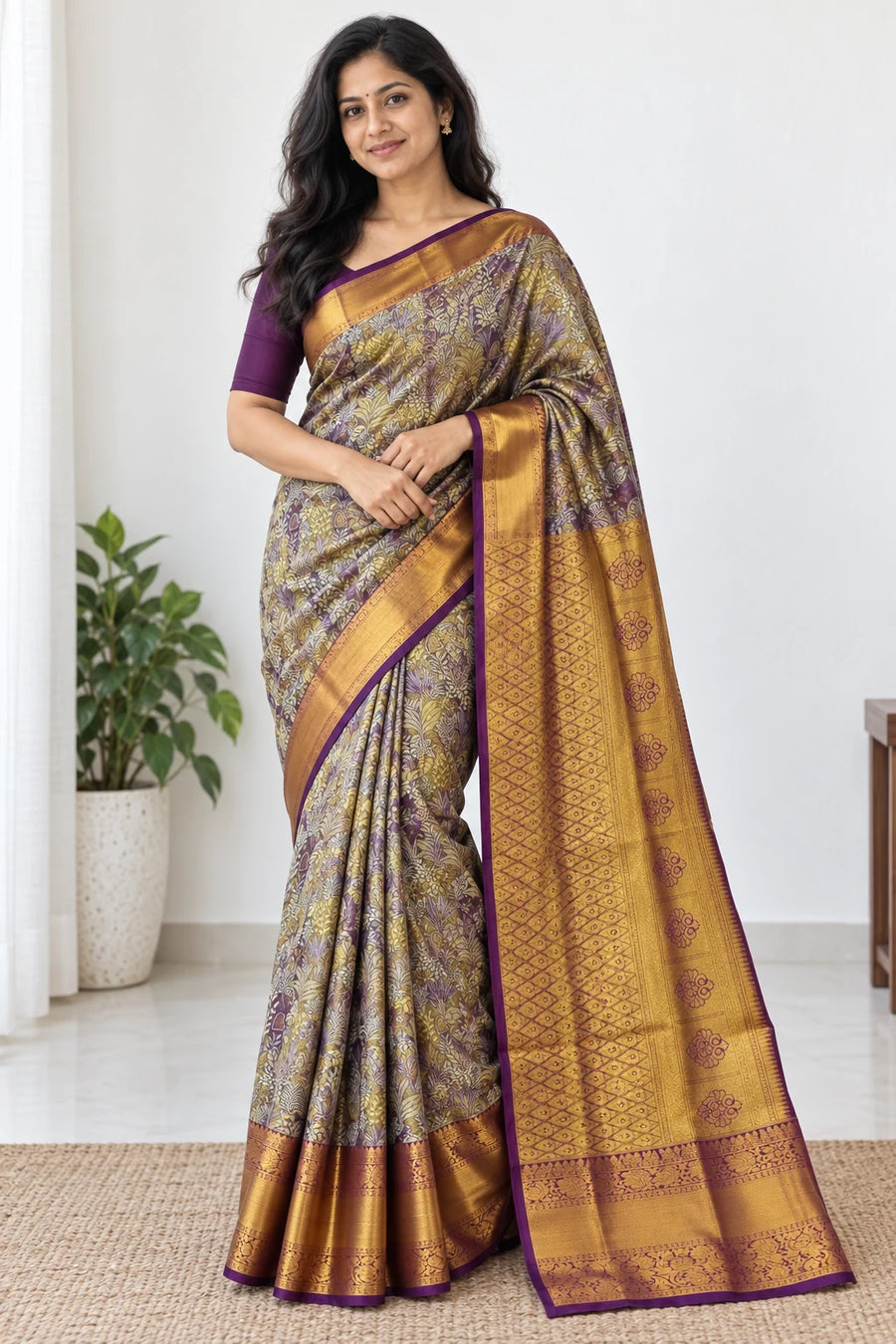 Devika — Plum Gold Botanical Saree