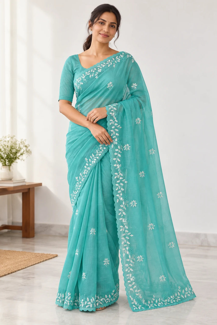 Naira — Aqua Leaf Border Saree