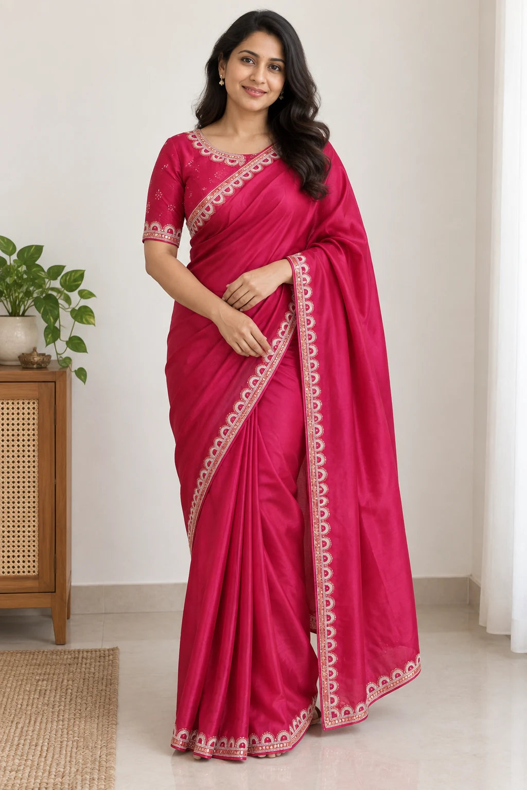 Ridhima — Rani Pink Scallop Saree, styled drape on a model