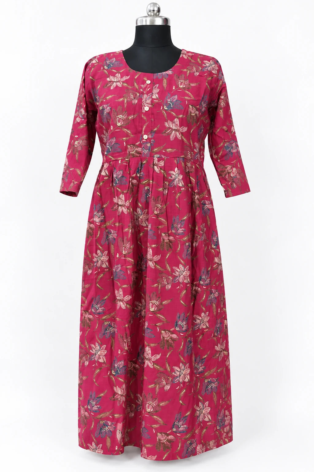 Aarohi — Raspberry Floral Button Front Dress, retouched front view on a clean background