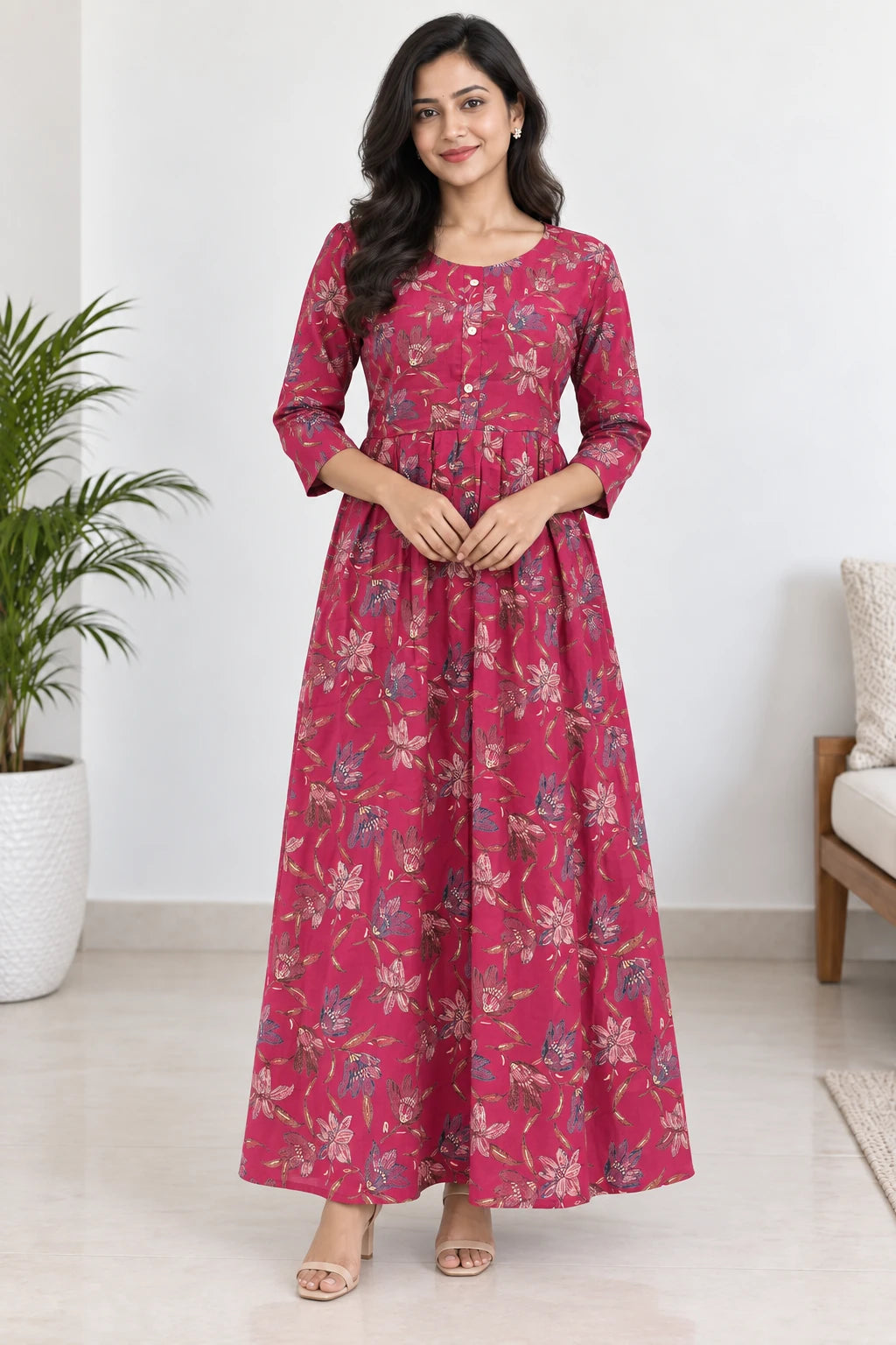 Aarohi — Raspberry Floral Button Front Dress, model-worn styling photograph