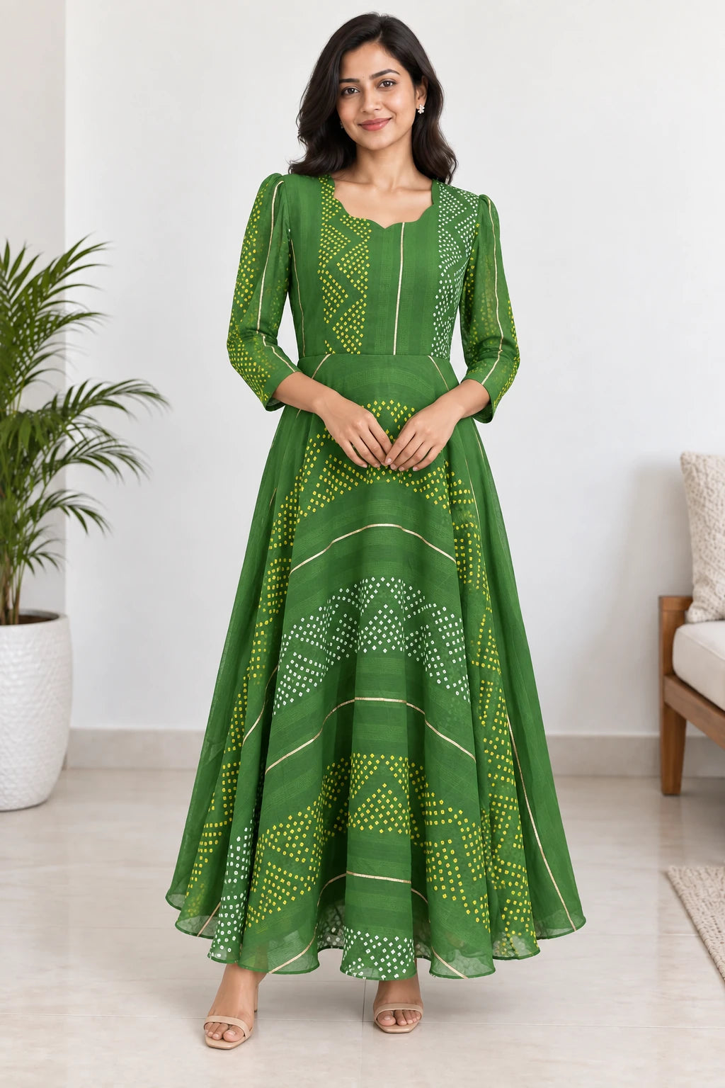 Harini — Leaf Green Dotted Dress, model-worn styling photograph