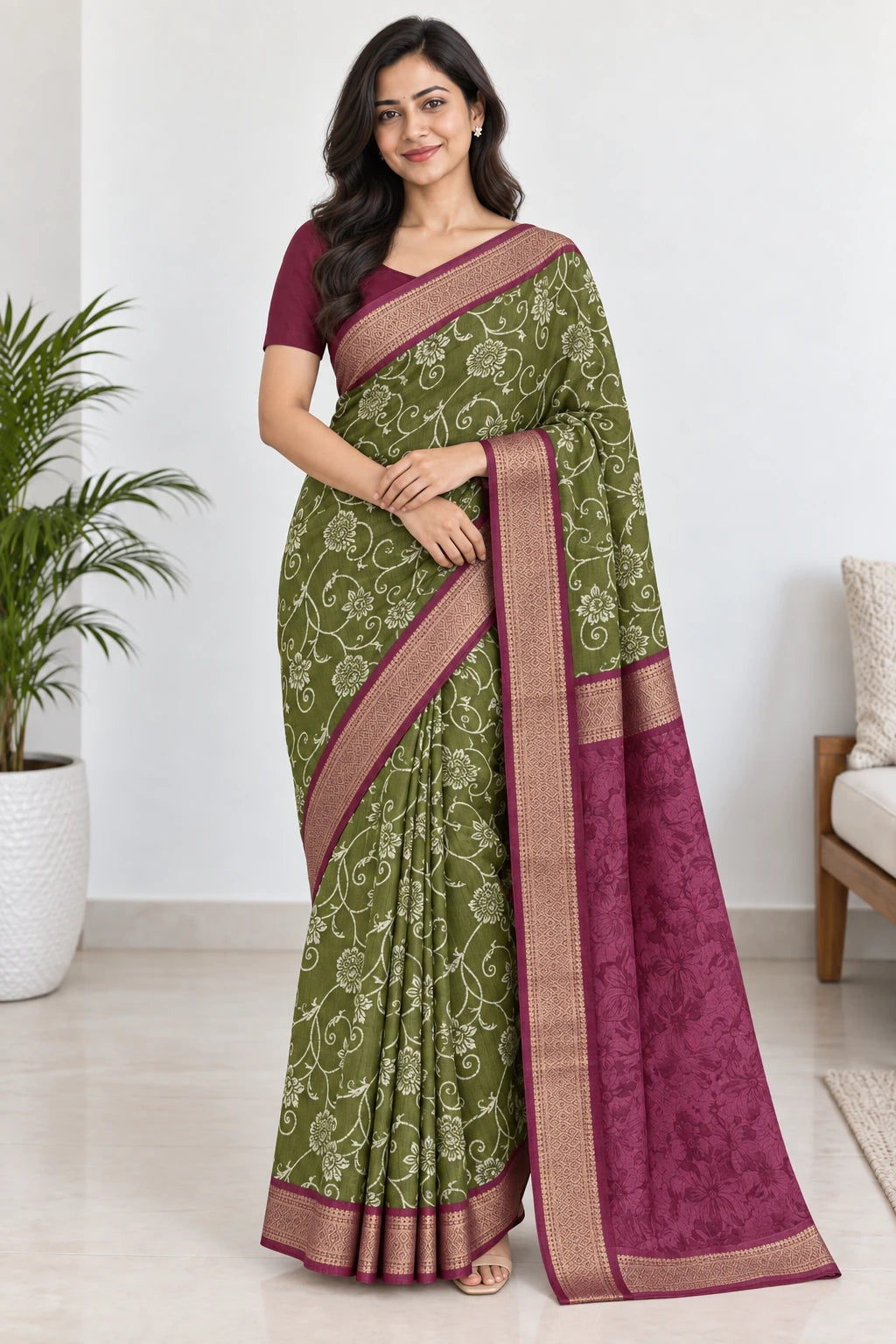 Malvika — Olive Wine Vine Saree, model-worn styling photograph