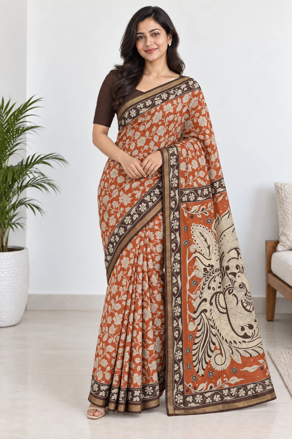 Mrinal — Terracotta Folk Motif Saree, model-worn styling photograph