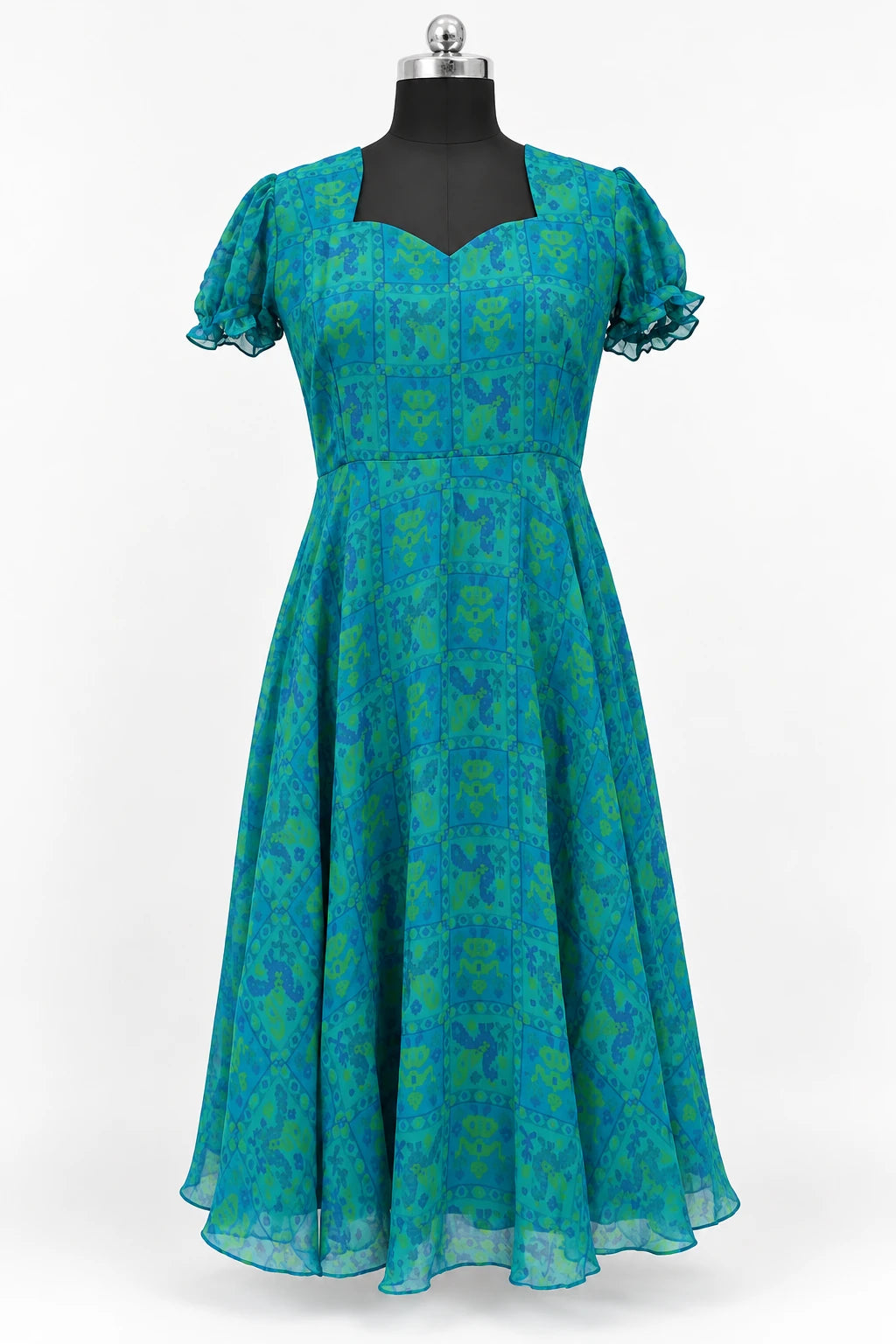 Neera — Teal Floral Puff Sleeve Dress, retouched front view on a clean background