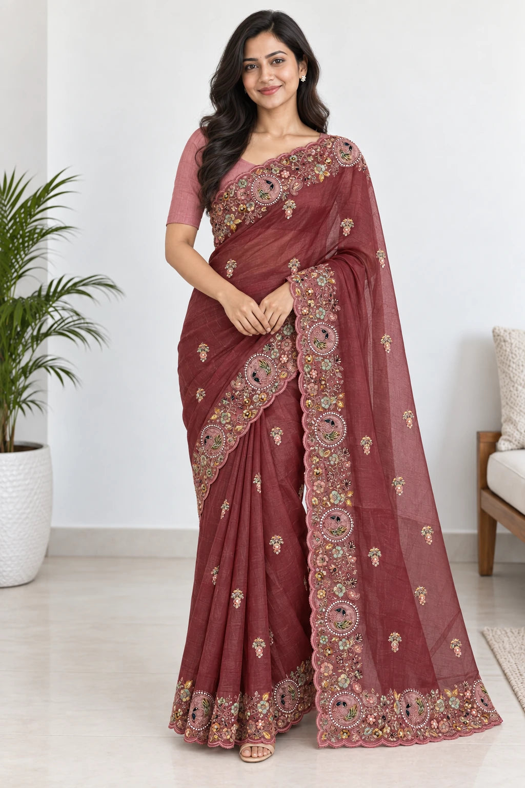 Sharvika — Wine Peacock Border Saree, model-worn styling photograph