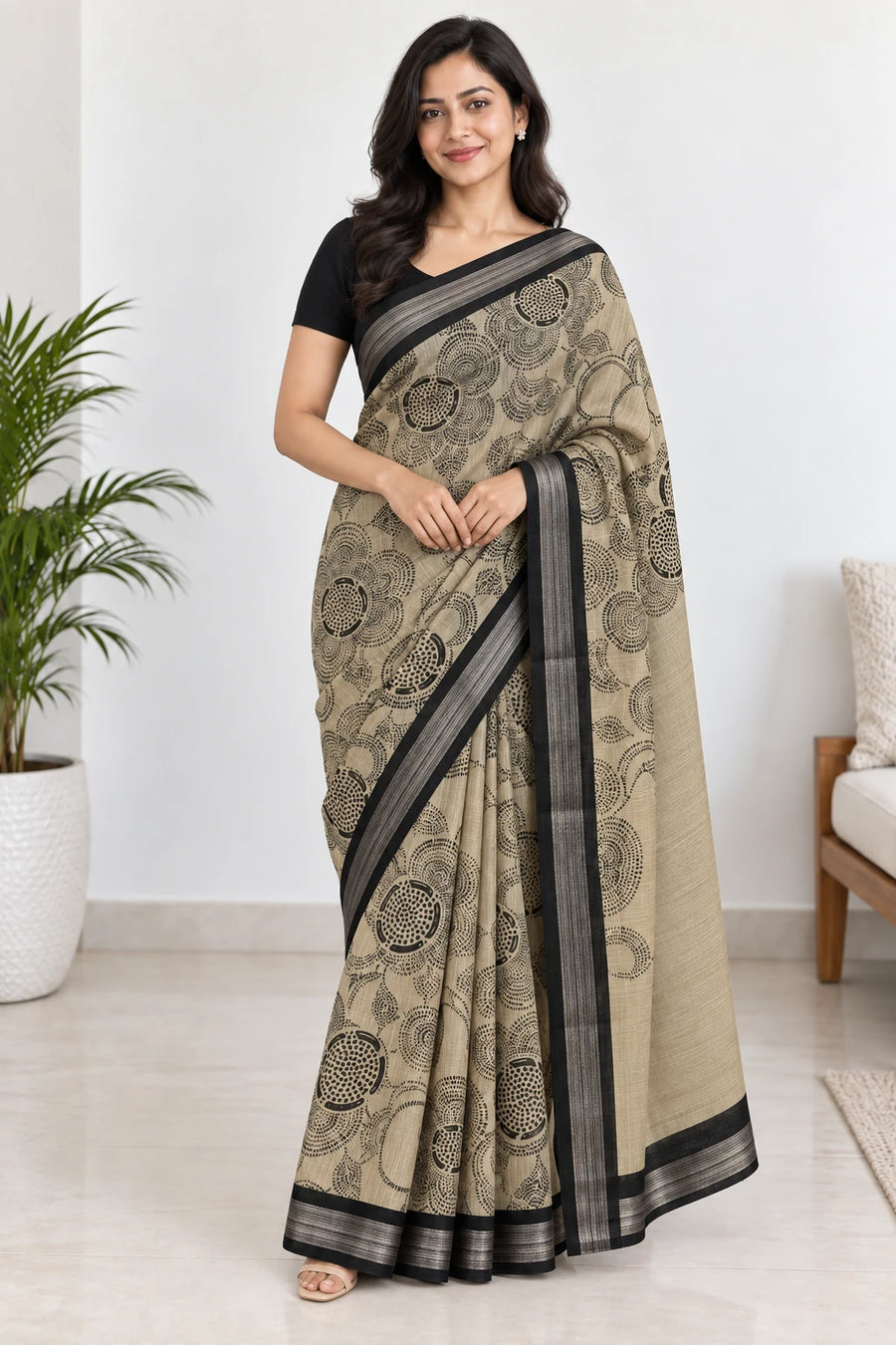 Shreya — Ivory Black Floral Saree