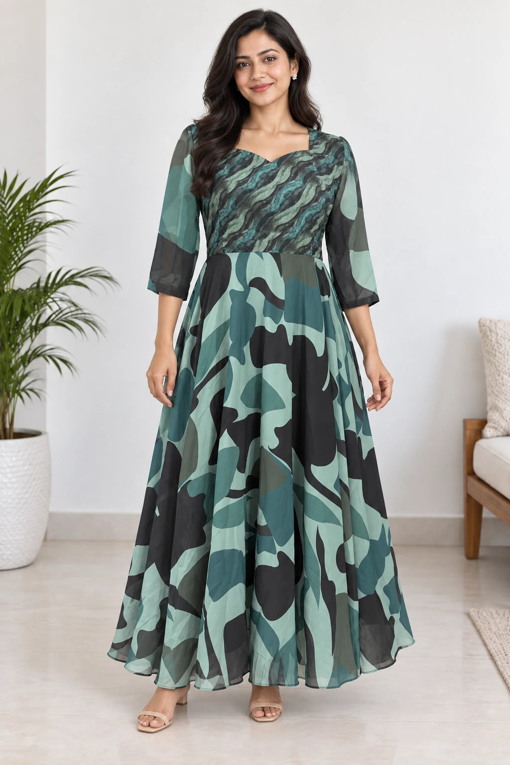 Aditi — Sage & Black Abstract Dress, model-worn styled look