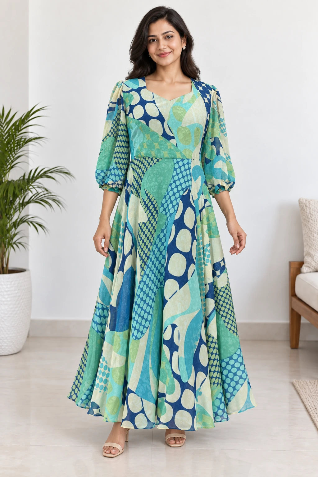 Elina — Aqua Patchwork Dress, model-worn styled look