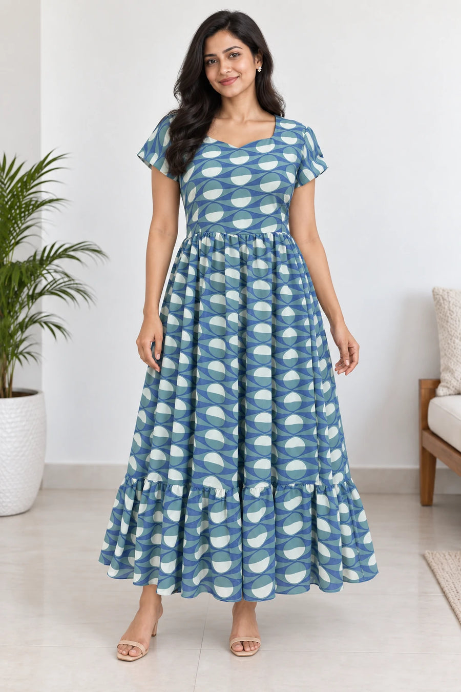 Inaya — Blue Leaf Short Sleeve Dress