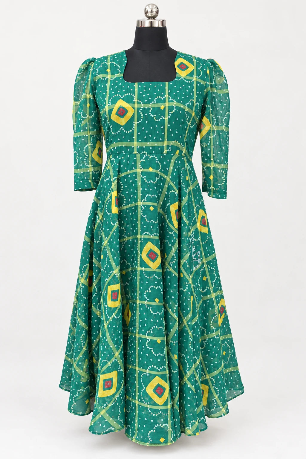 Kaira — Emerald Diamond Dress, retouched garment front view on a clean background