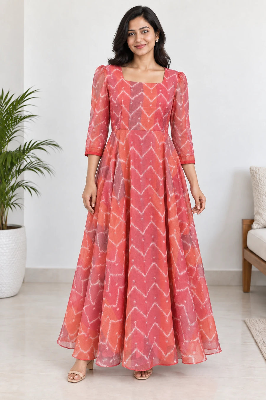 Mahi — Coral Chevron Square Neck Dress