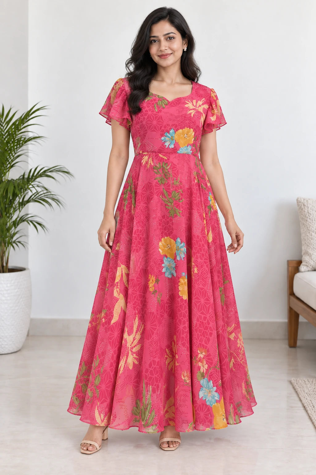 Pihu — Fuchsia Botanical Tie Back Dress, model-worn styled look