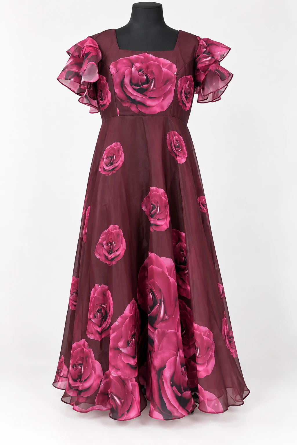 Roshni — Plum Rose Flutter Dress, retouched garment front view on a clean background