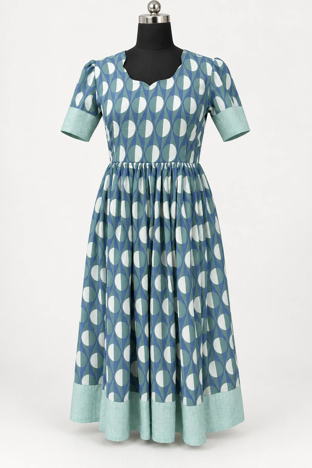 Saira — Blue Leaf & Mint Trim Dress, retouched garment front view on a clean background