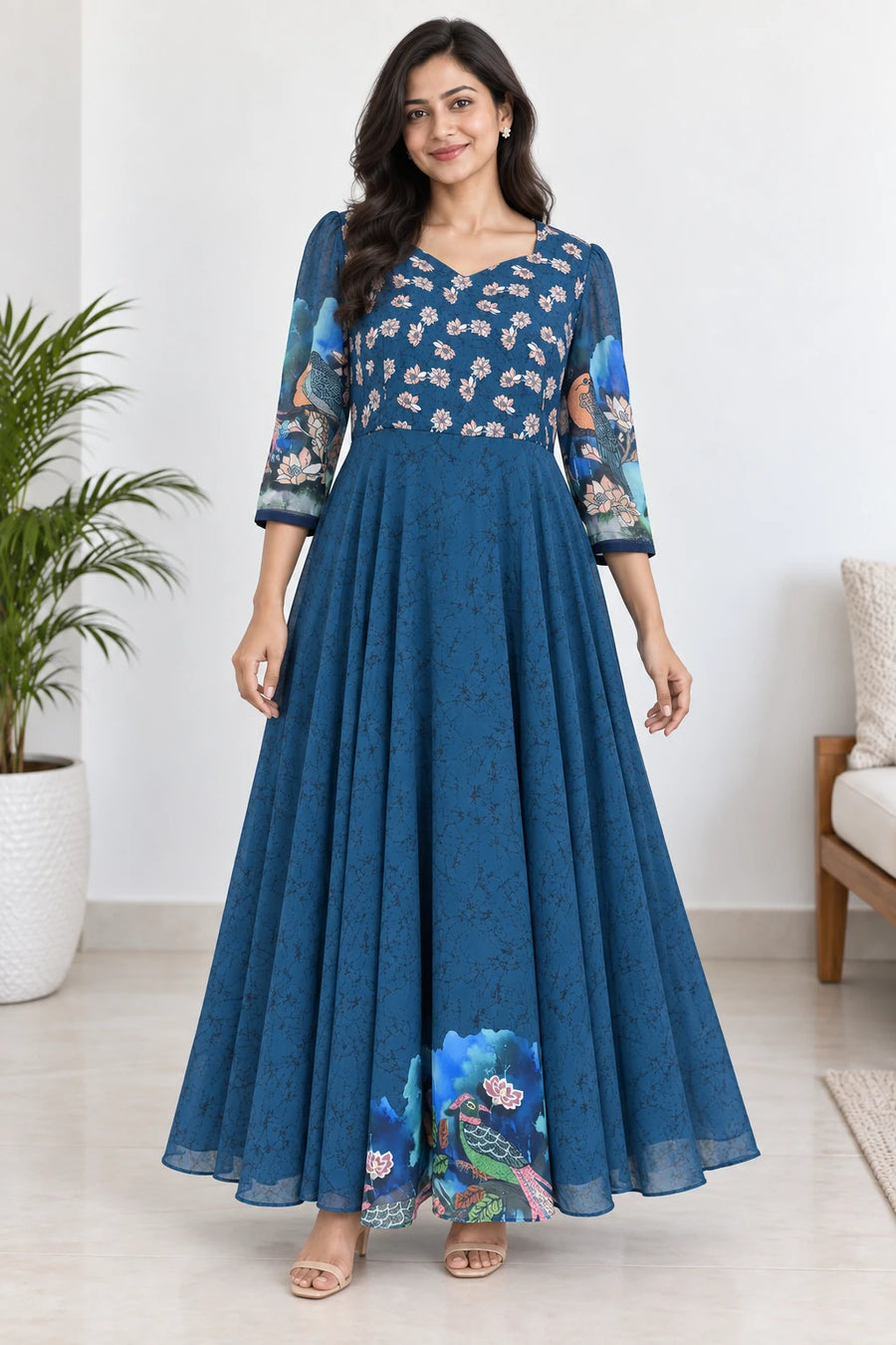 Sana — Blue Floral Border Dress