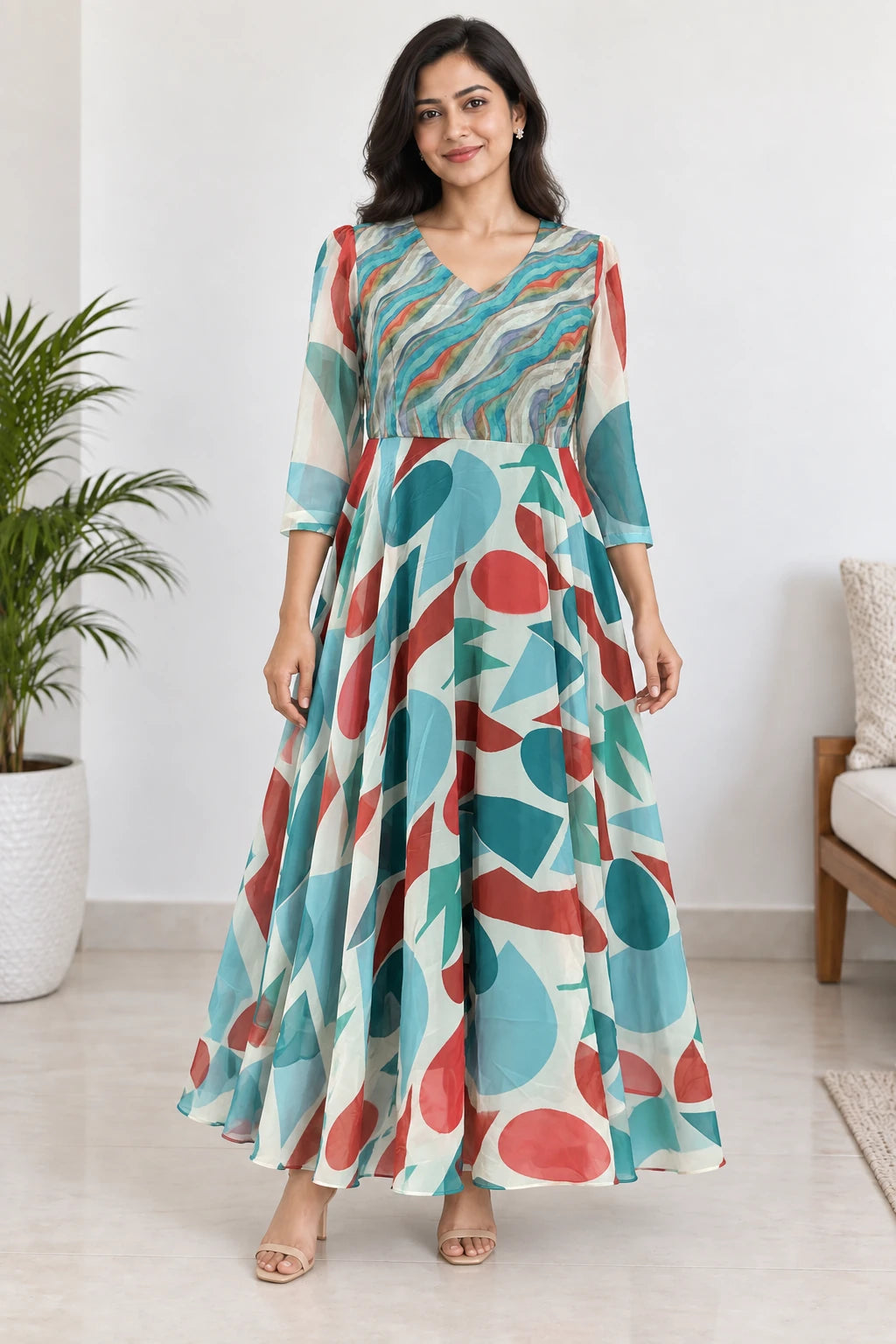 Tia — Aqua Abstract Wave Dress, model-worn styled look