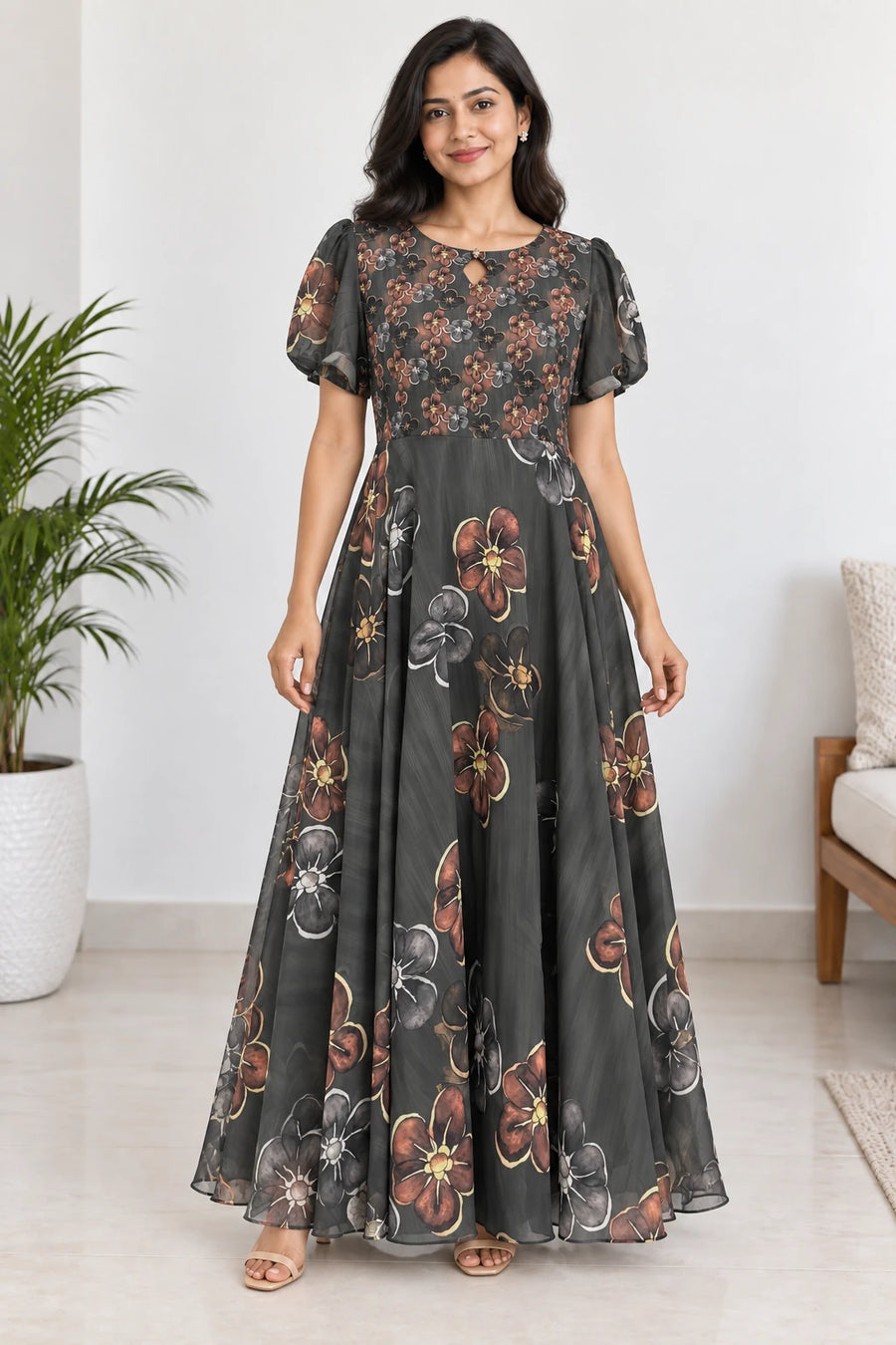 Trisha — Charcoal Copper Floral Dress