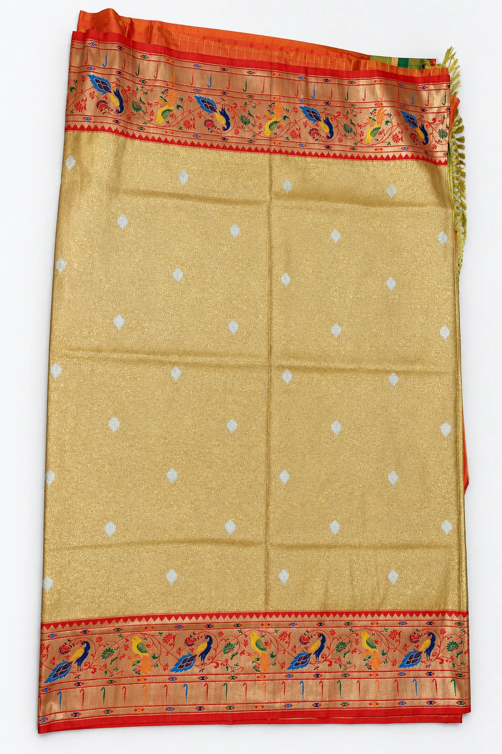 Ahalya — Gold Orange Peacock Saree, retouched body & border on a clean background