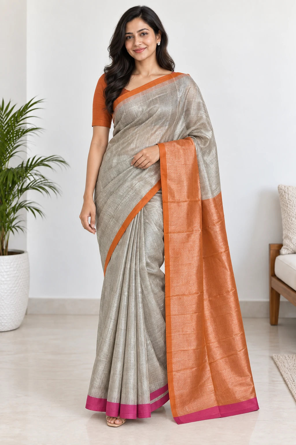Anagha — Silver Orange Pink Border Saree, model-worn styling photograph