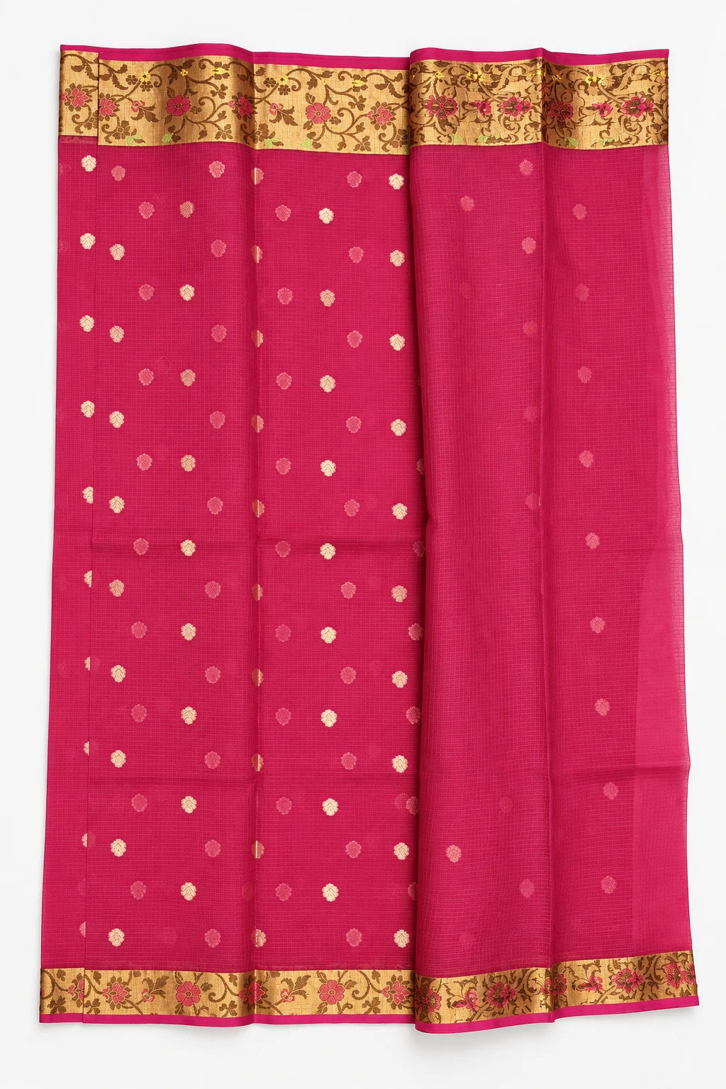Hamsika — Rani Pink Floral Border Saree, retouched coordinating fabric on a clean background