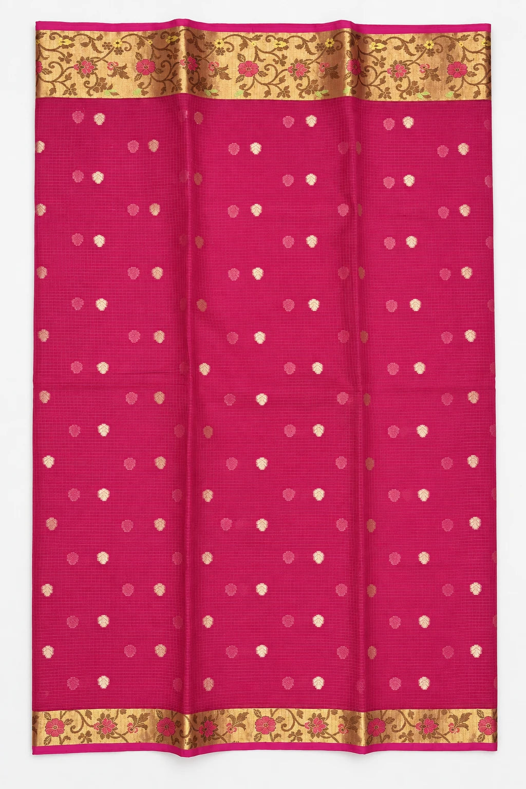 Hamsika — Rani Pink Floral Border Saree, retouched body & border on a clean background