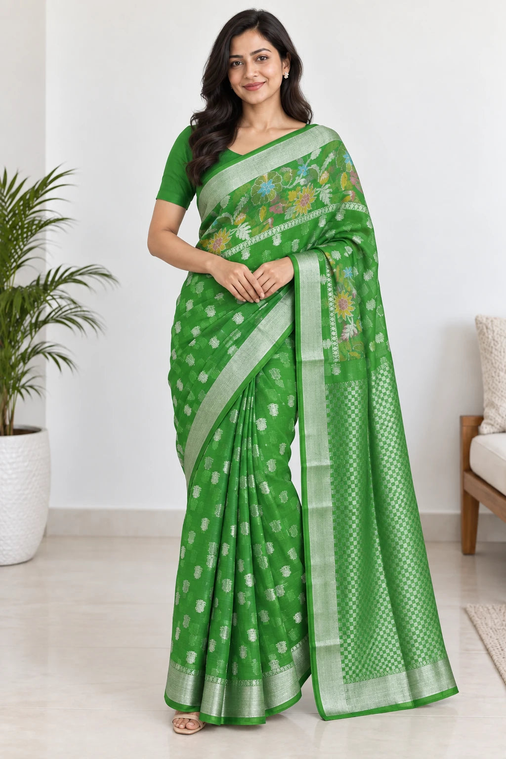 Harshita — Emerald Silver Floral Saree, model-worn styling photograph