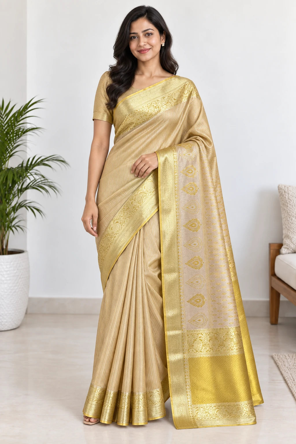 Hema — Champagne Gold Border Saree, model-worn styling photograph