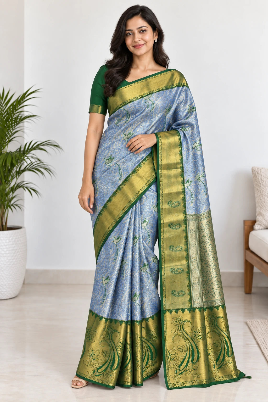 Ranjani — Blue Green Peacock Border Saree, model-worn styling photograph