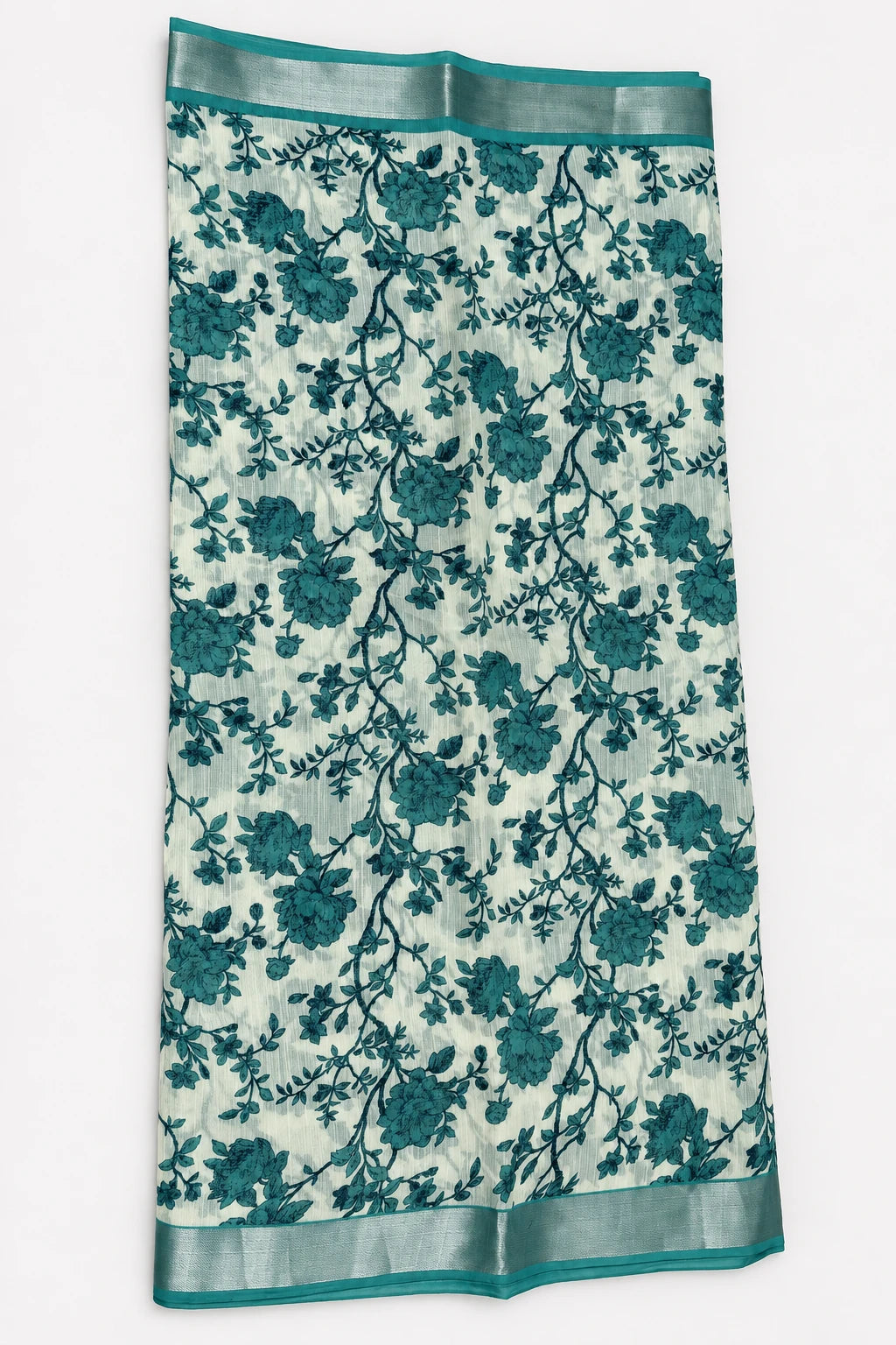 Samhita — Ivory Teal Rose Saree, retouched body & border on a clean background