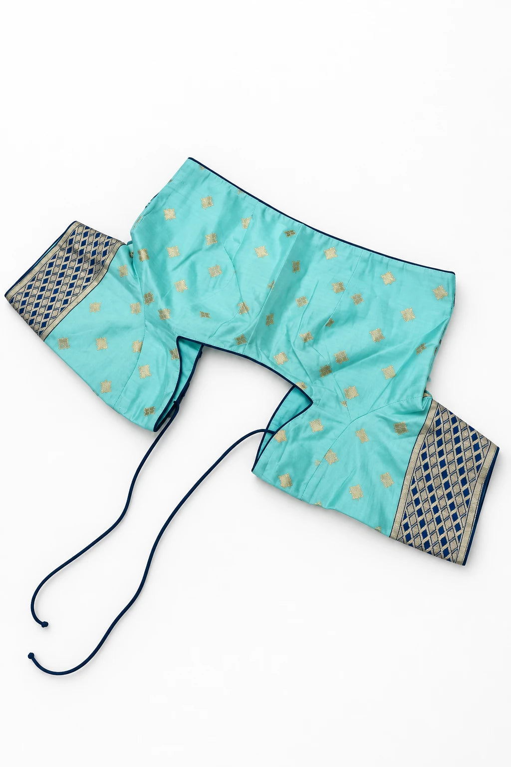 Advika — Aqua Birdcage Motif Saree, retouched photographed blouse detail on a clean background