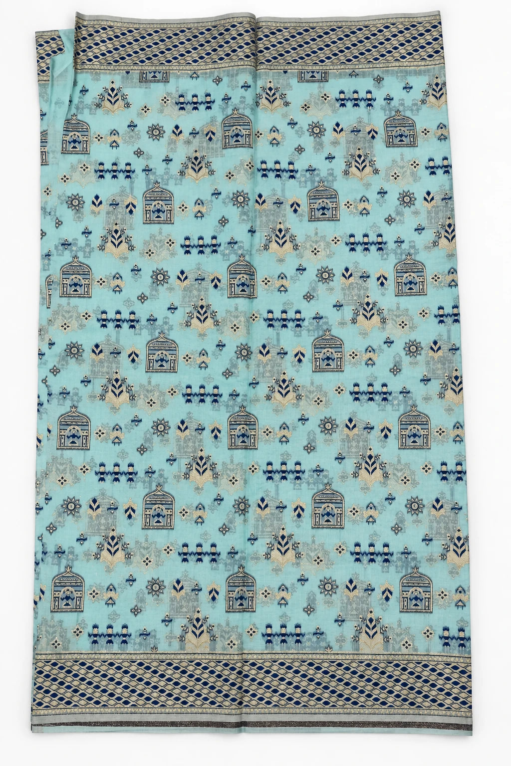 Advika — Aqua Birdcage Motif Saree, retouched motif body & border on a clean background