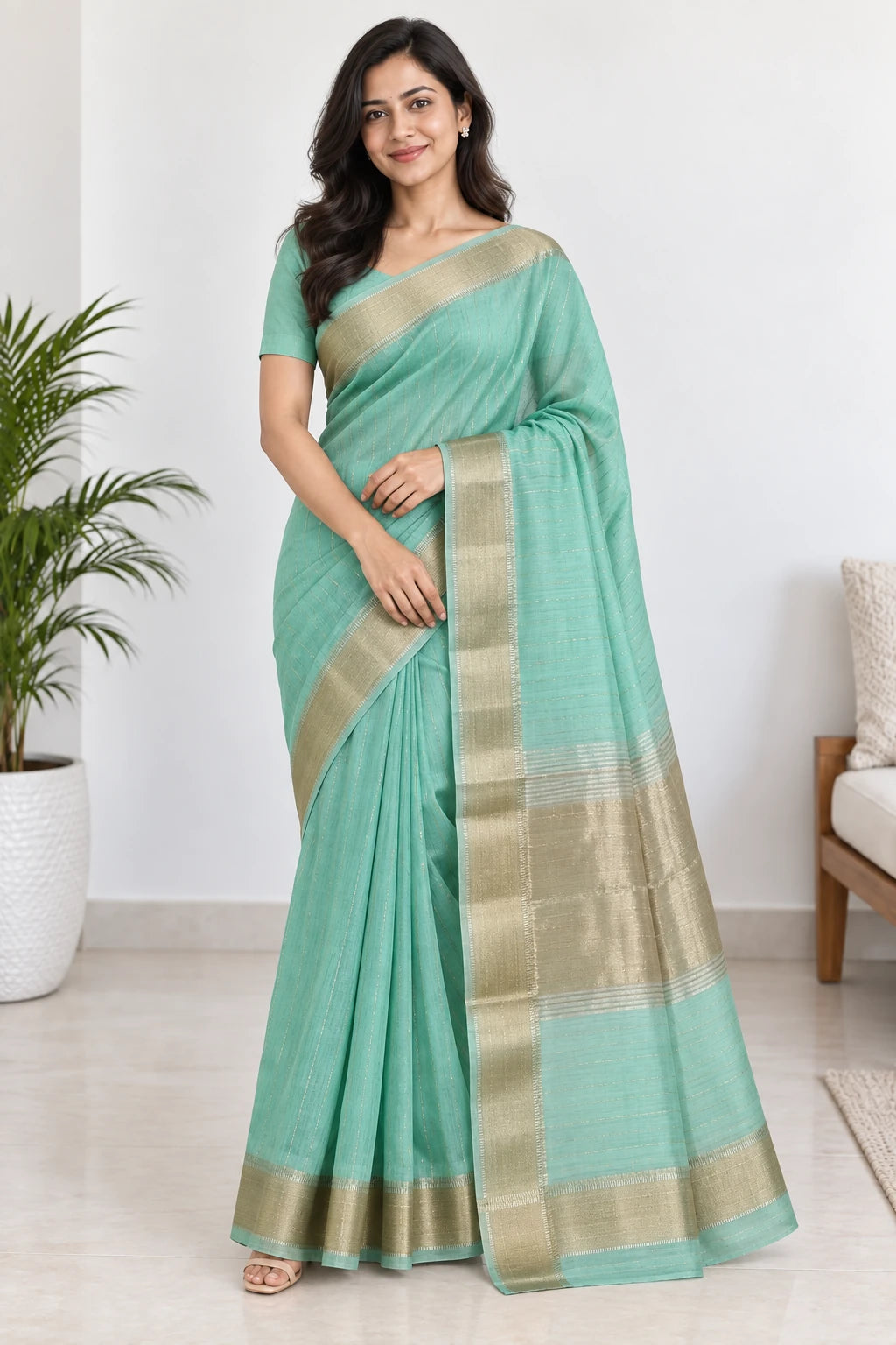 Amrita — Mint Gold Border Saree, model-worn styling photograph