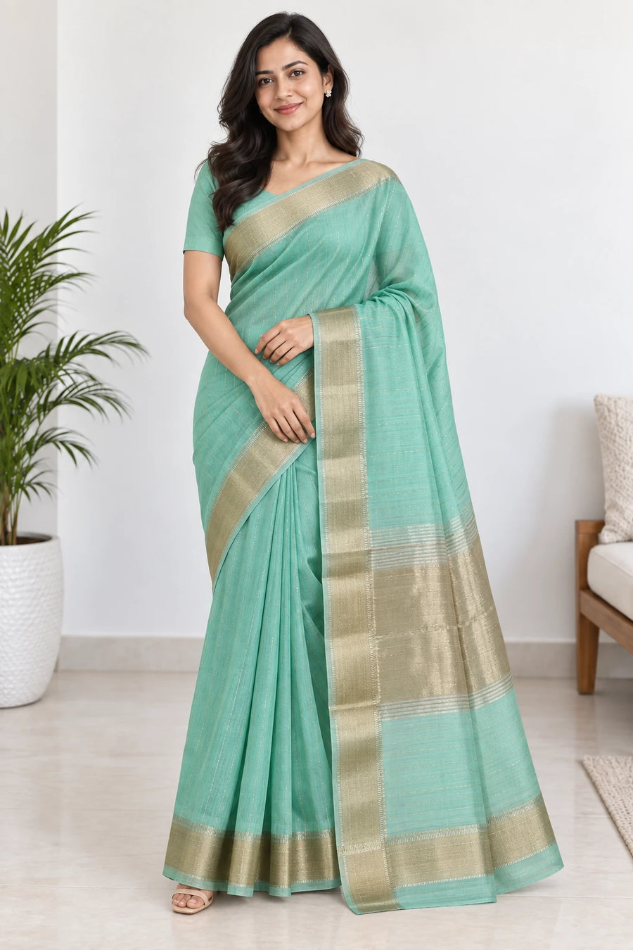 Amrita — Mint Gold Border Saree
