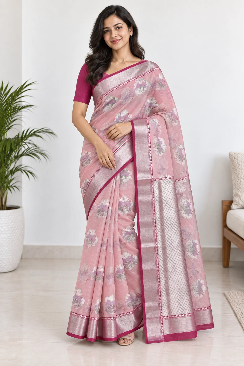 Krisha — Blush Magenta Motif Saree, model-worn styling photograph