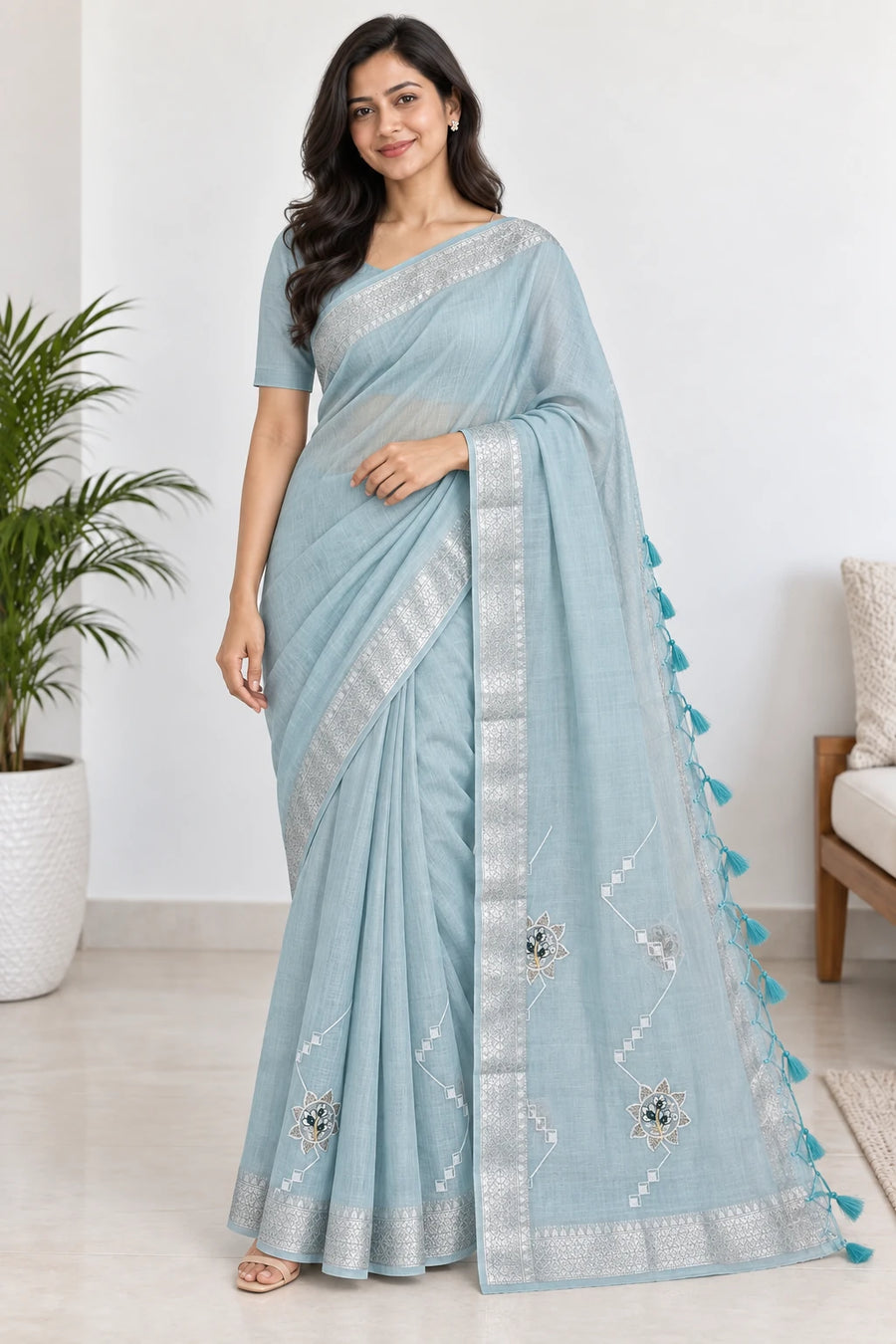 Mrinmayi — Powder Blue Floral Tassel Saree