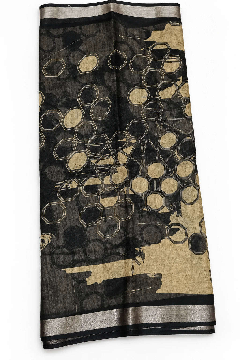 Nandita — Black Gold Geometric Saree, retouched geometric pattern & border on a clean background