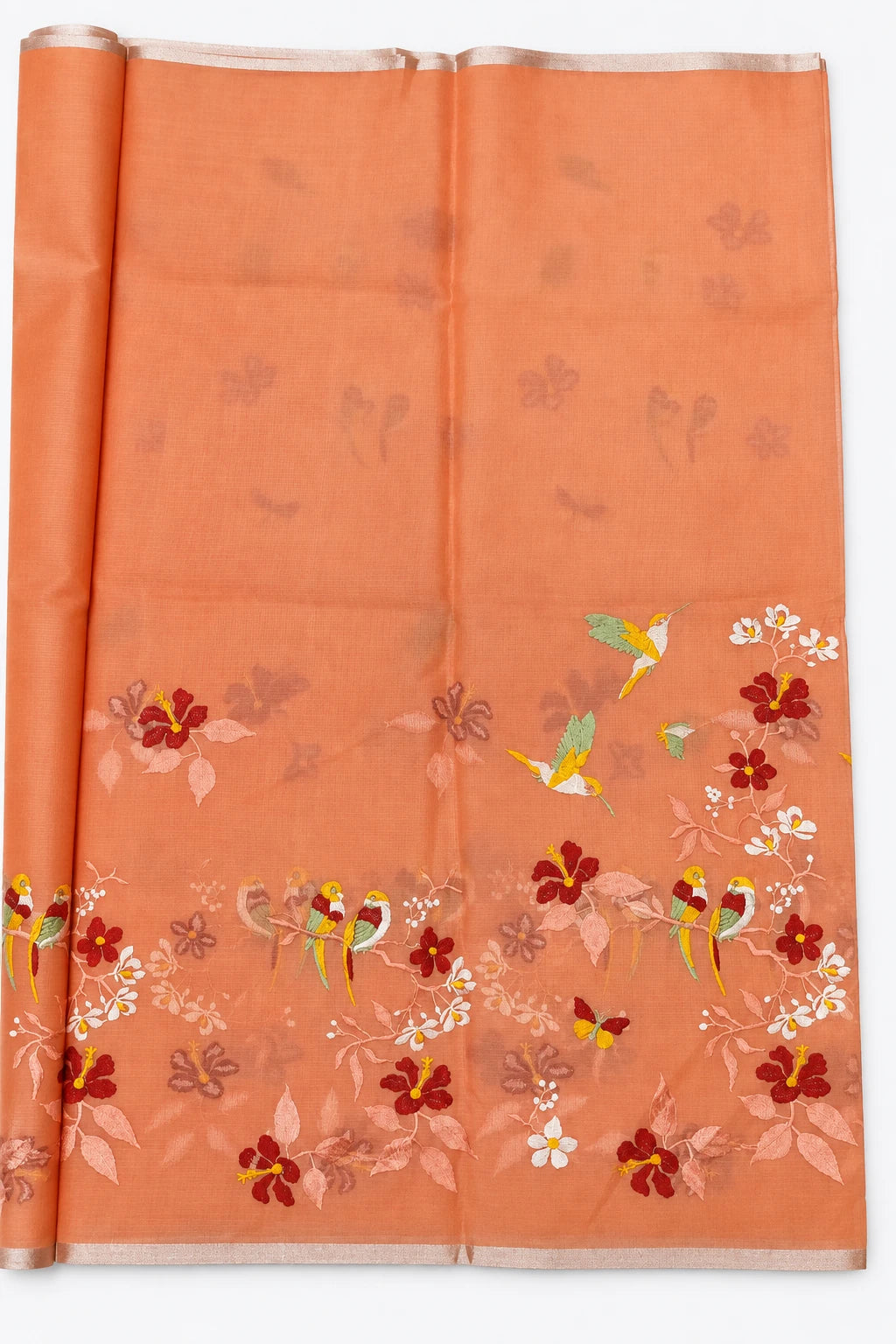 Pakhi — Peach Bird Garden Saree, retouched birds & floral detail on a clean background