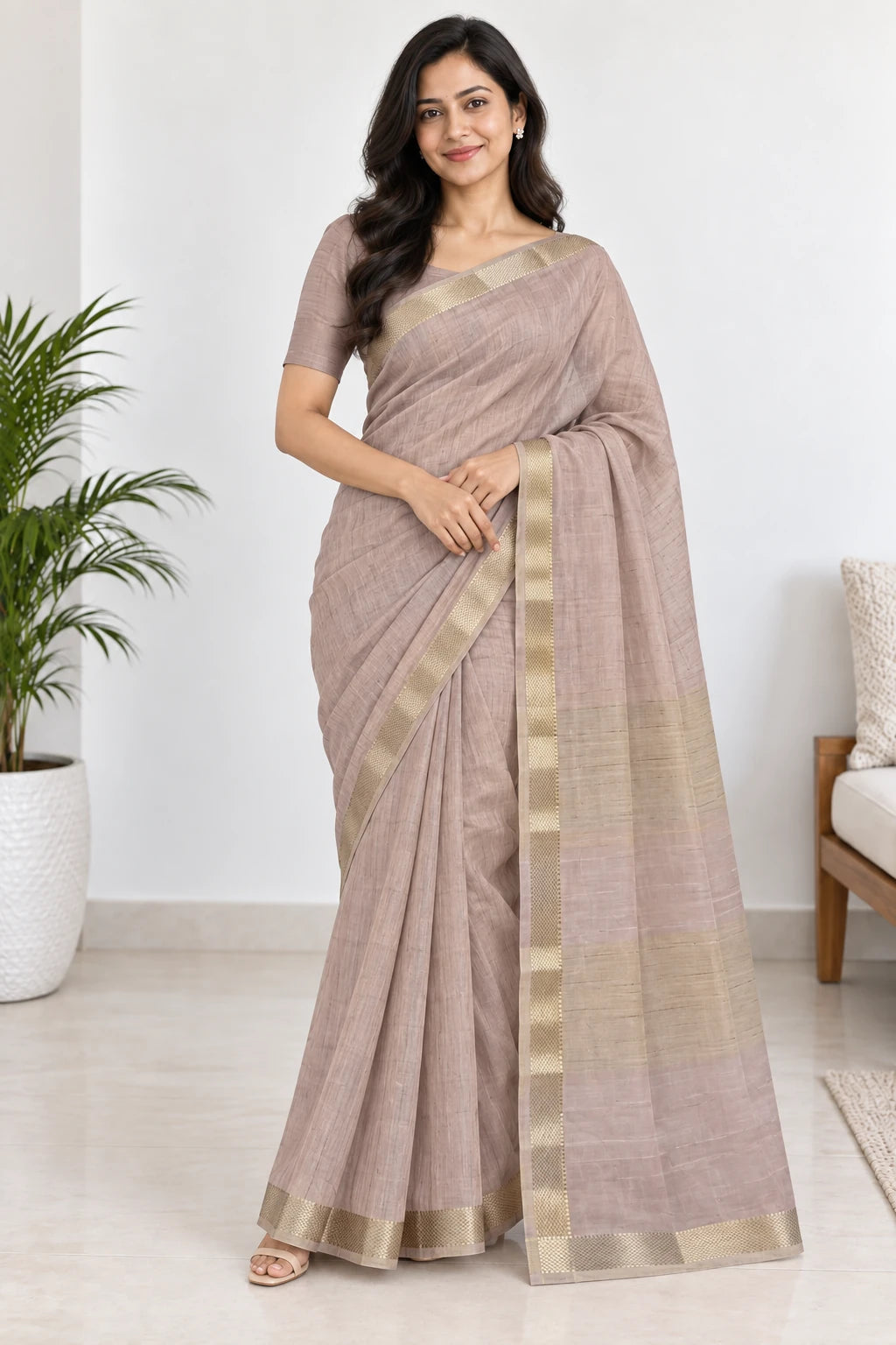 Revathi — Taupe Gold Border Saree, model-worn styling photograph