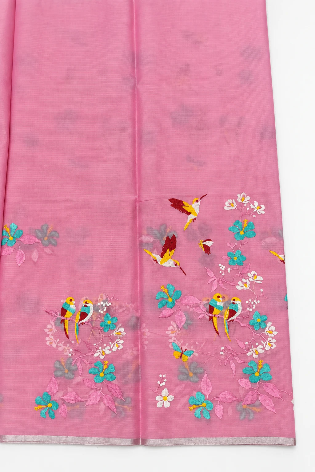 Shanaya — Pink Bird Garden Saree, retouched birds & floral detail on a clean background