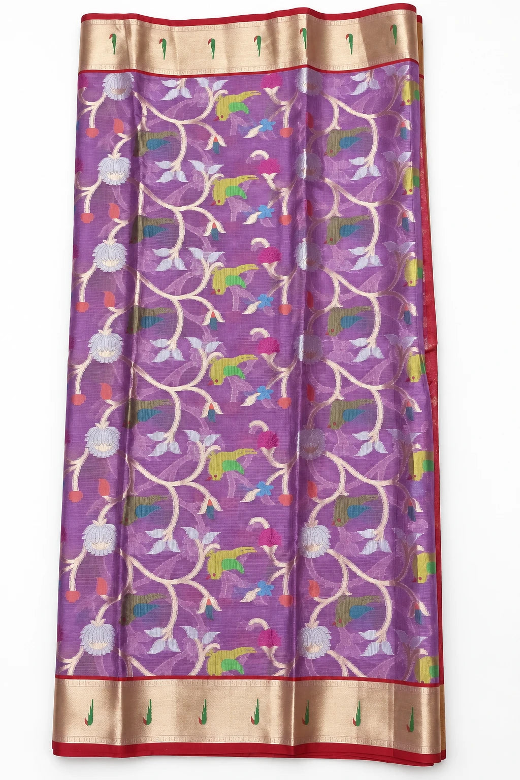 Tanvika — Violet Gold Floral Saree, retouched birds, flowers & border on a clean background