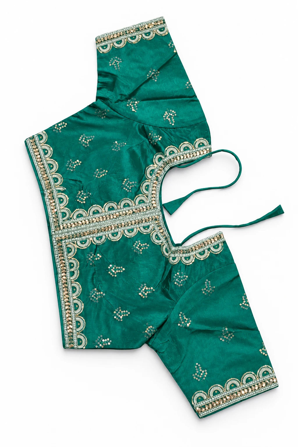Vasudha — Emerald Scallop Border Saree, retouched photographed blouse detail on a clean background