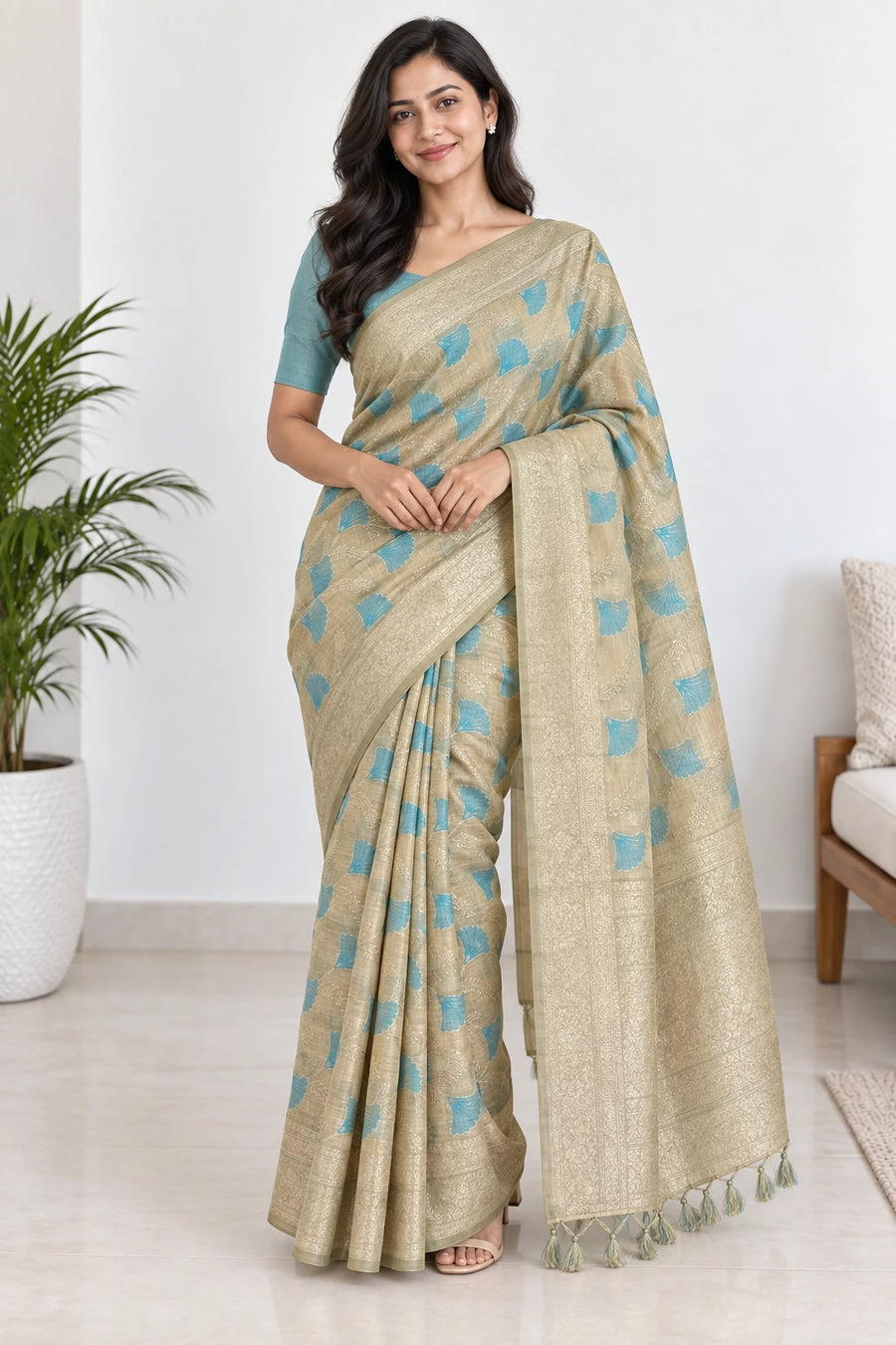 Vedika — Gold Aqua Leaf Motif Saree