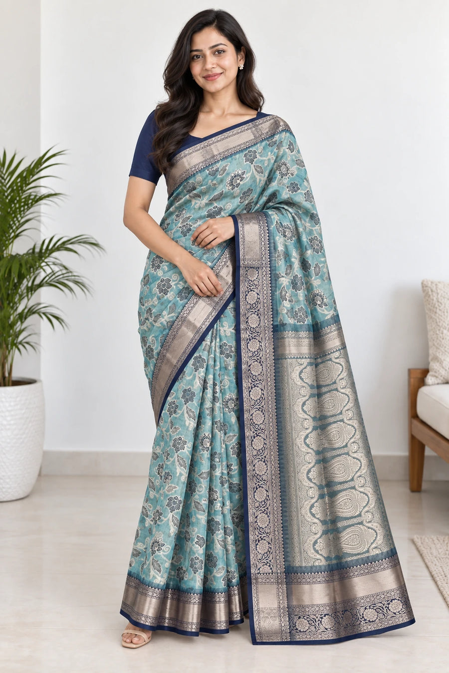 Madhavi — Aqua Navy Floral Saree
