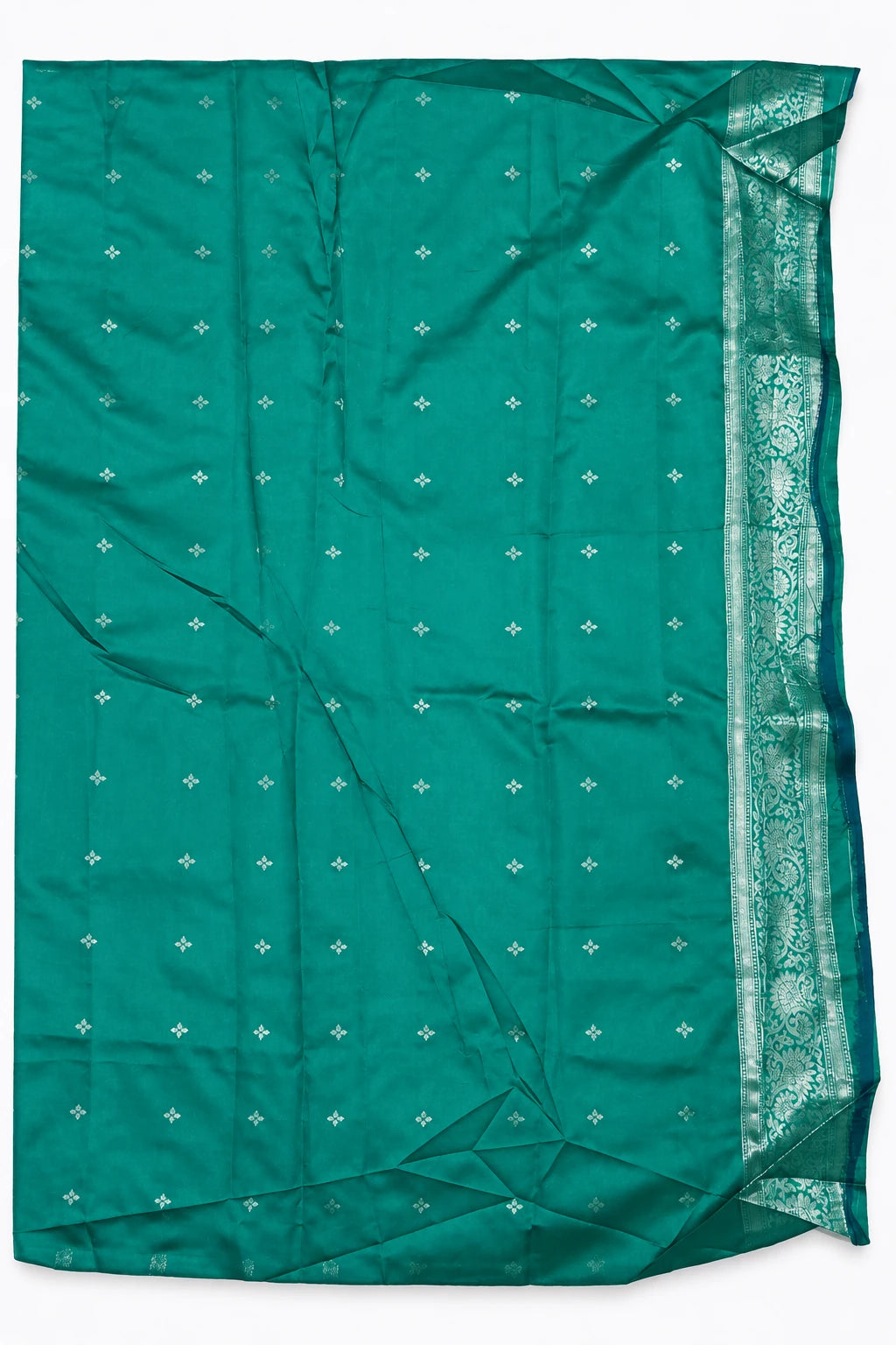 Pranitha — Gold Teal Ornamental Saree, retouched coordinating fabric on a clean background