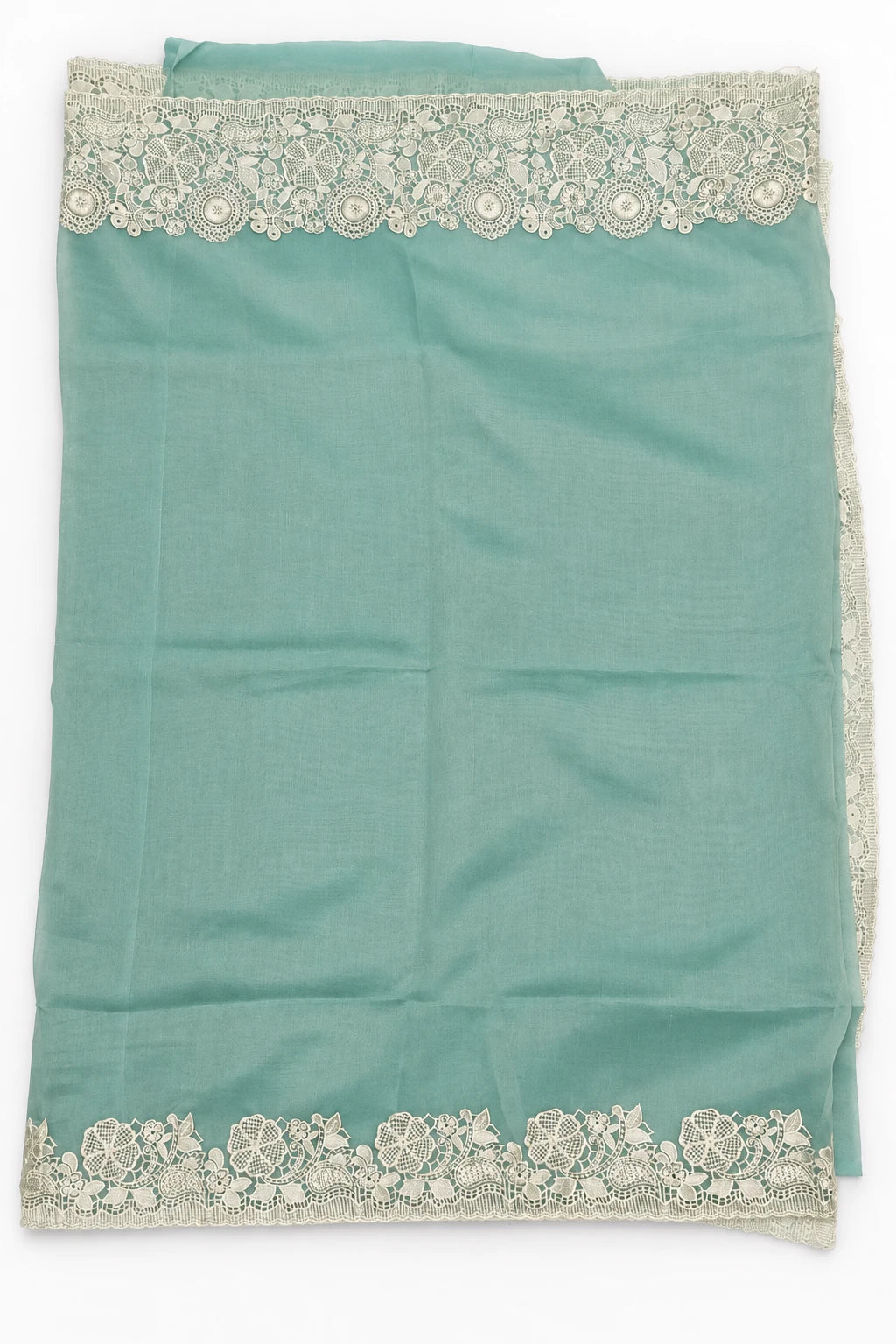 Sahana — Mist Mint Ivory Lace Saree, retouched plain body & floral lace on a clean background