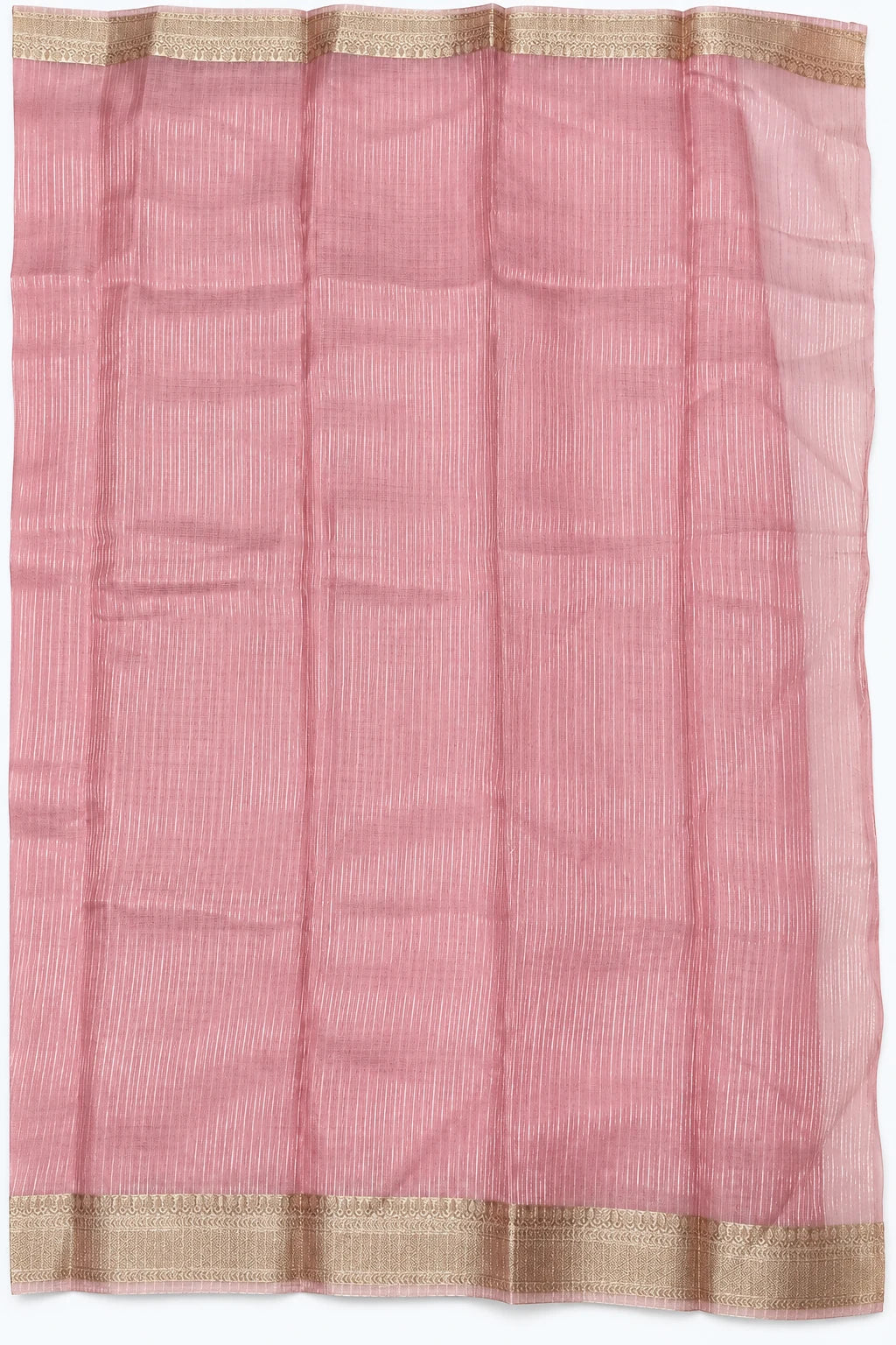 Vritika — Rose Pink Gold Border Saree, retouched fine-striped body & border on a clean background