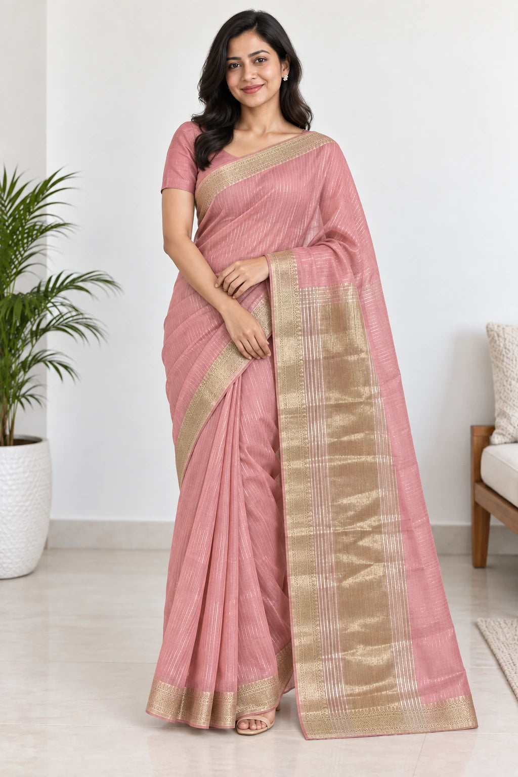 Vritika — Rose Pink Gold Border Saree, model-worn styling photograph
