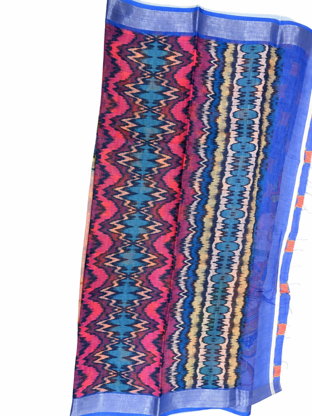 Amulya — Blue Multicolour Chevron Saree, retouched garment view on a clean background